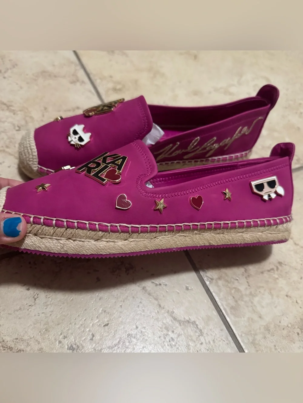 Karl Lagerfeld Fuchsia Slip-On Espadrilles with Enamel Charms